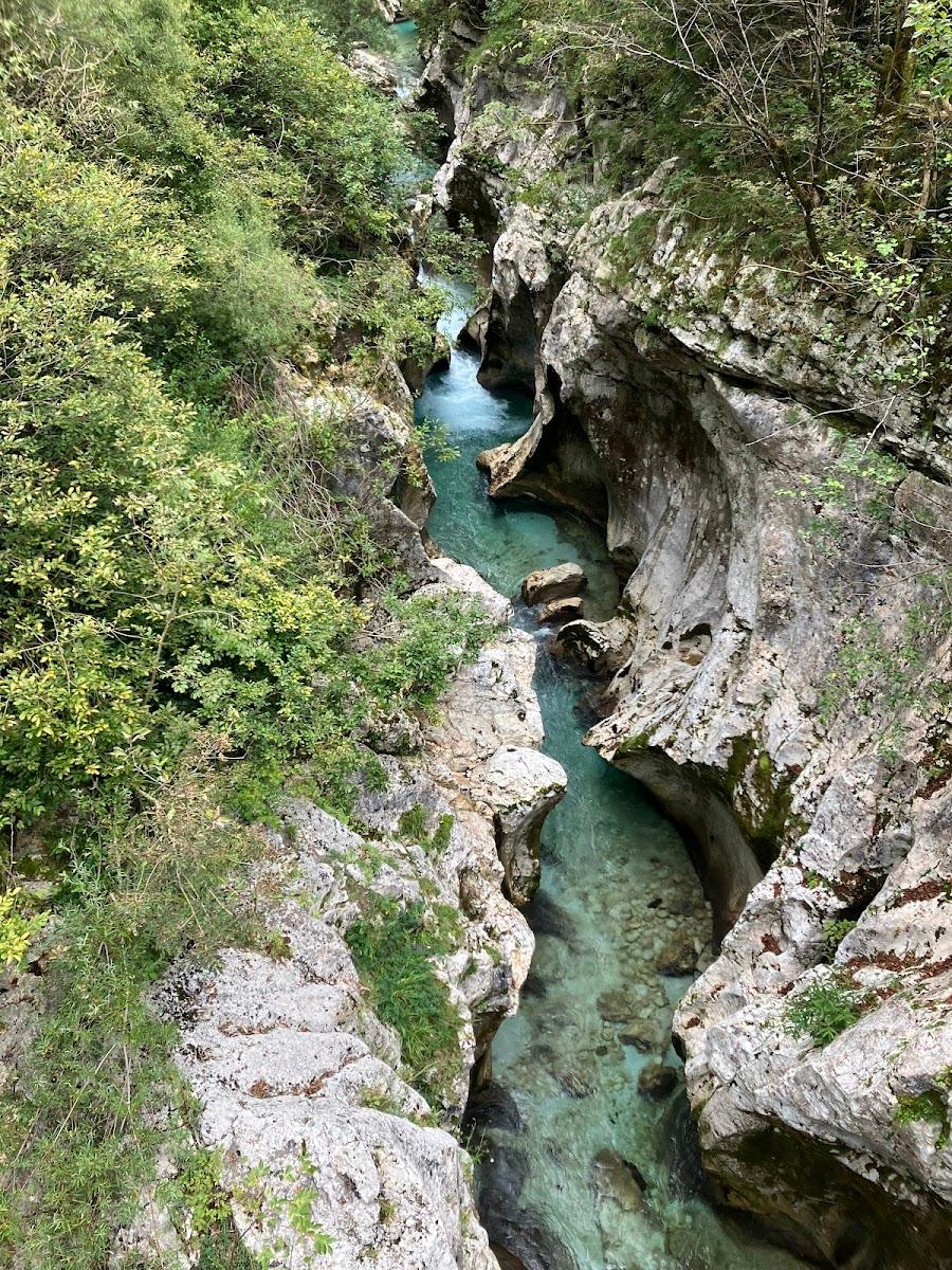 Turquoise river flowing through a narrow, rocky gorge with lush green vegetation.