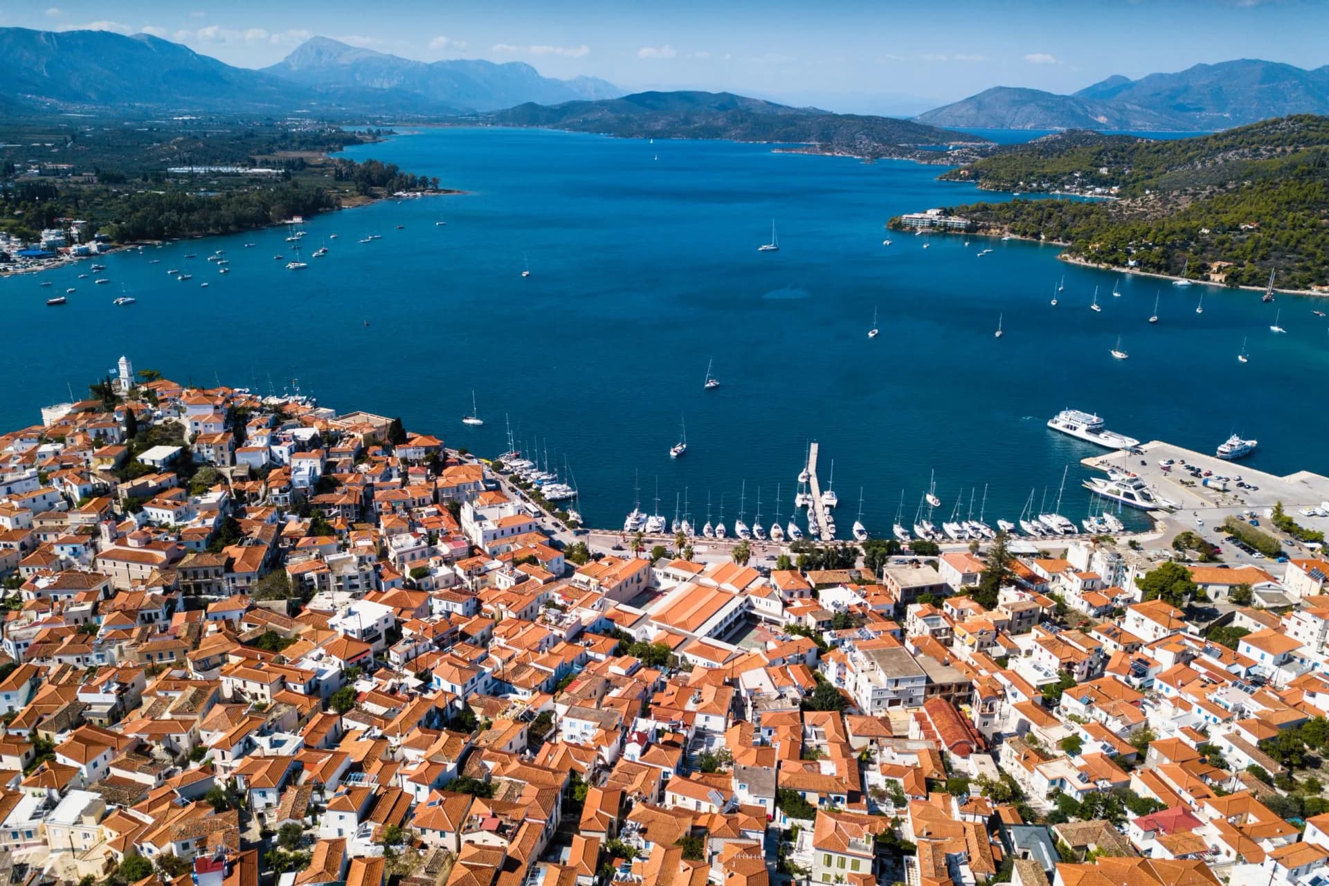 Aerial view of sea Marina in Poros island, Aegean sea, Greece.