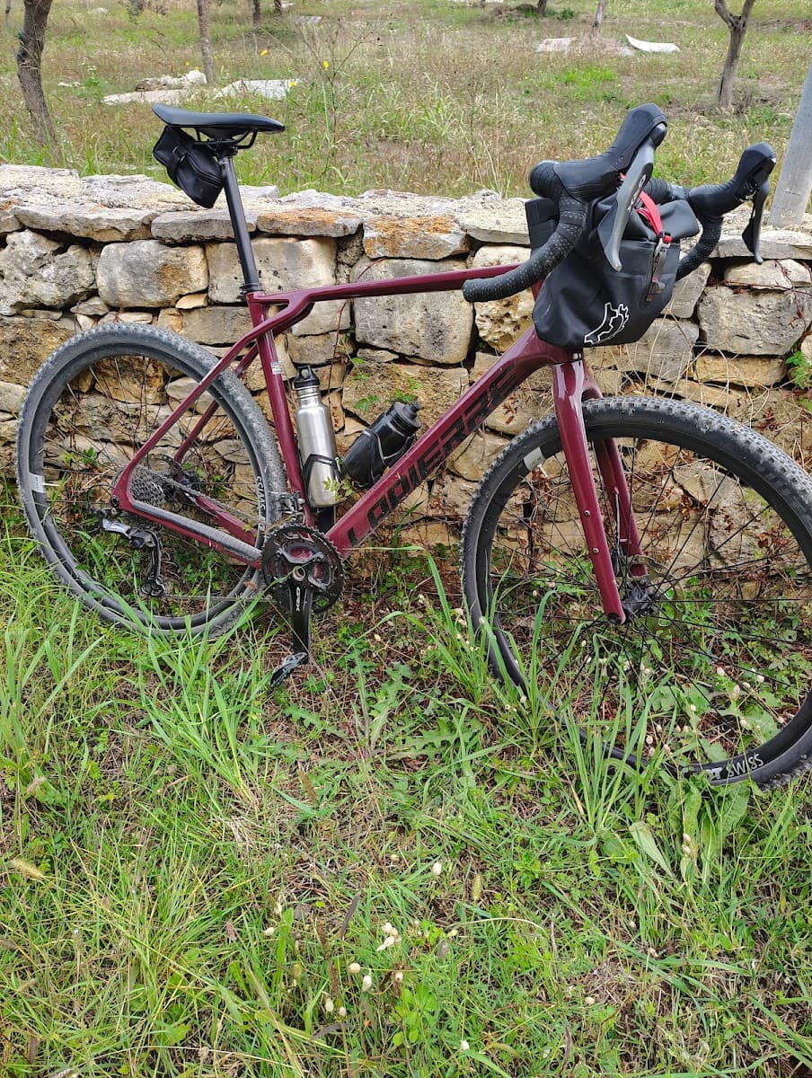 Maroon gravel bike resting against a low stone wall in grassy terrain