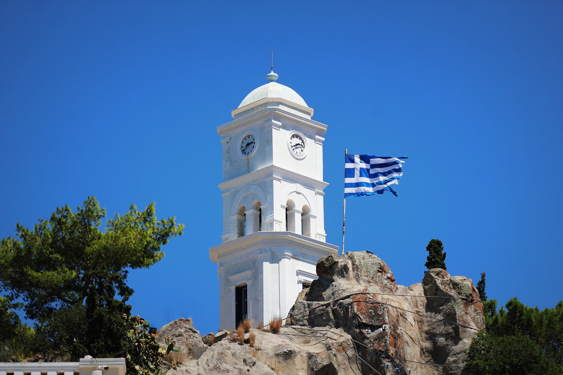 The clock tower of Poros island, Greece.