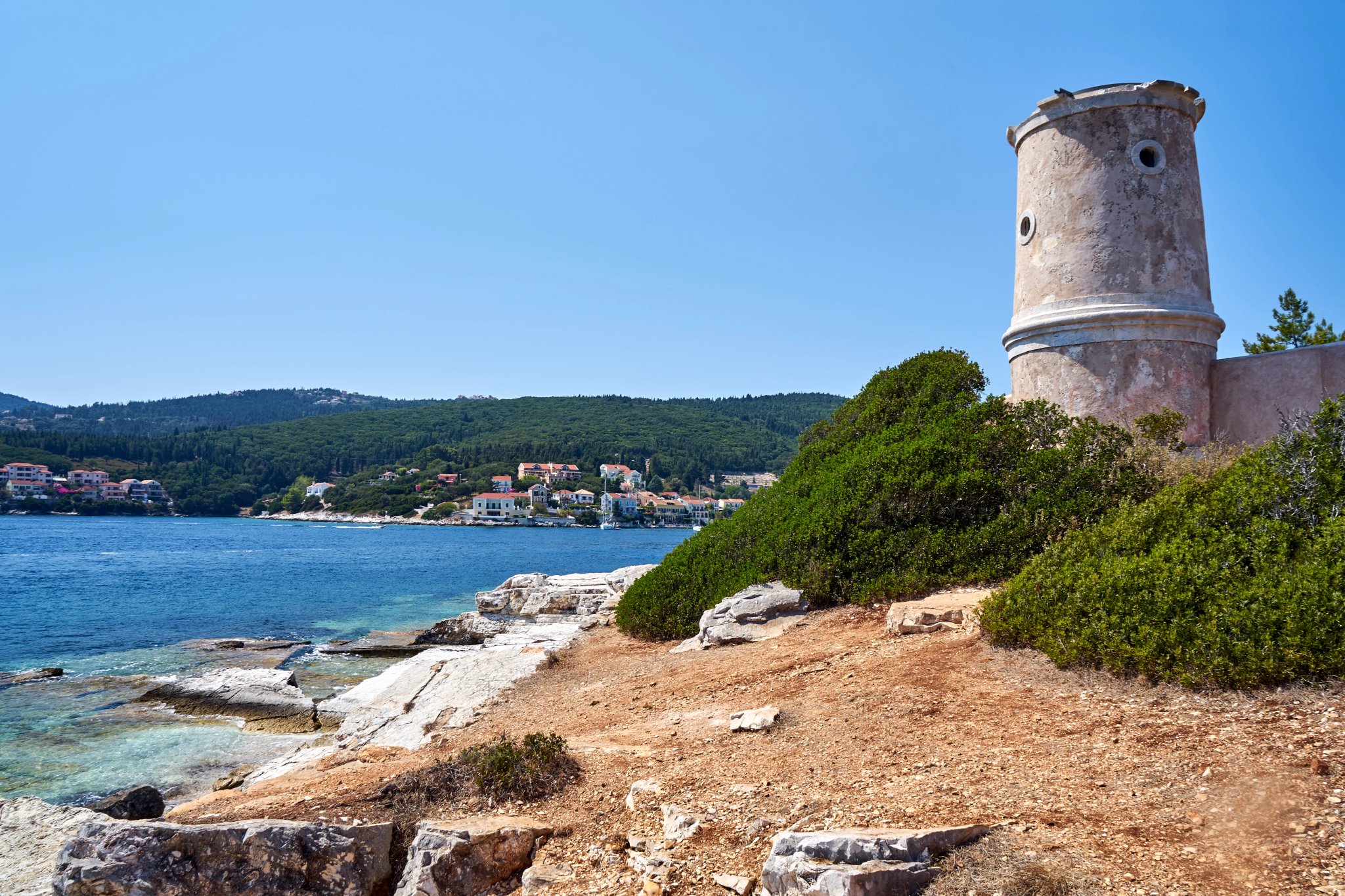 ruins of the historical lighthouse in Fiskardo on the island of Kefalonia