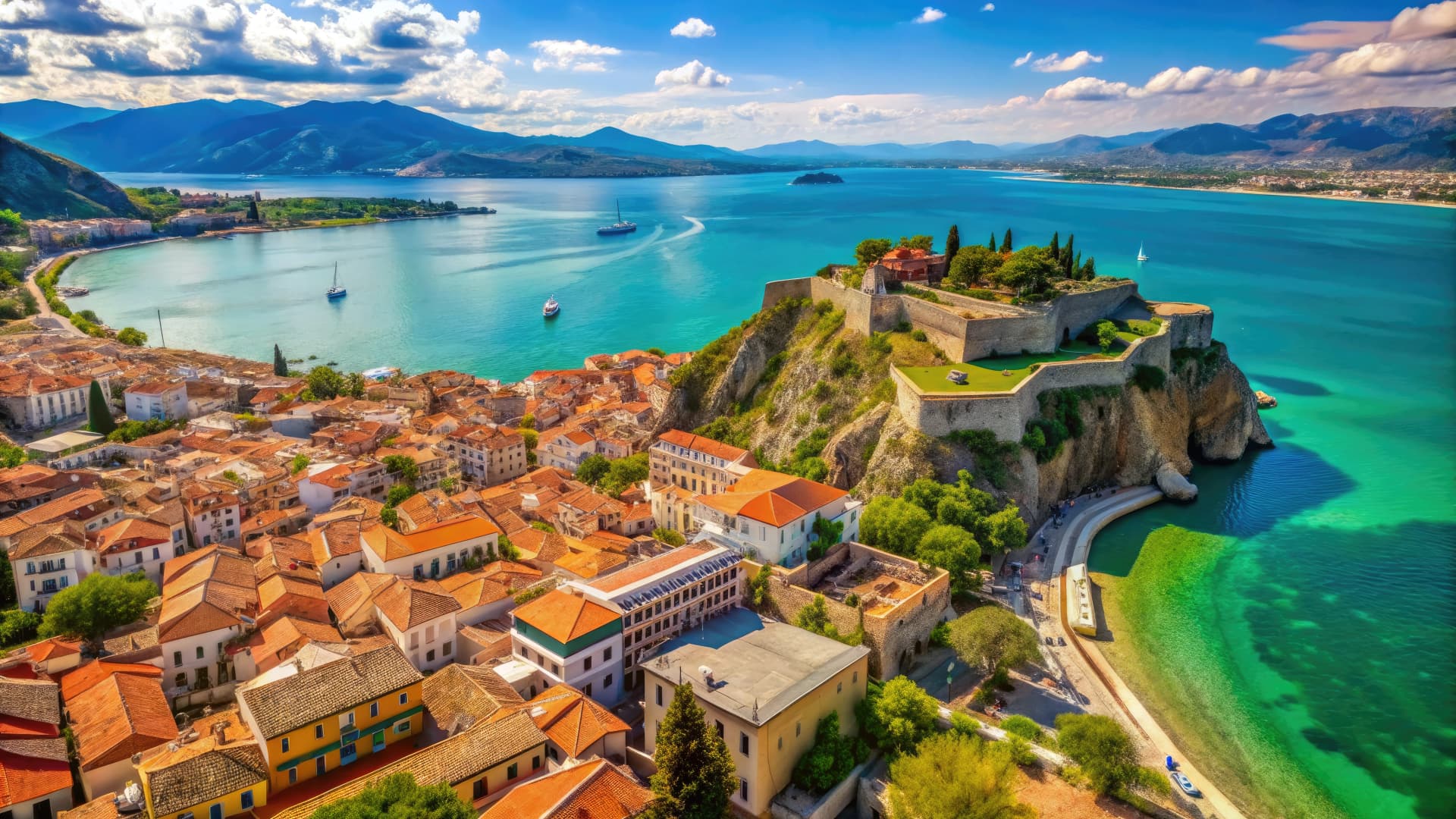 breathtaking aerial view of Nafplio's Venetian architecture and cobblestone streets surrounded by turquoise waters and lush green hills