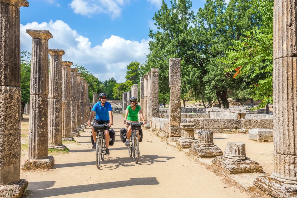 Ancient ruins of the palaestra in Olympia, Peloponnese, Greece on a sunny summer day