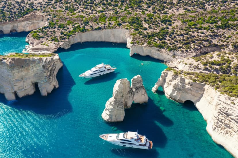 Panoramic view of Kleftiko Bay, Milos island, Cyclades, Greece