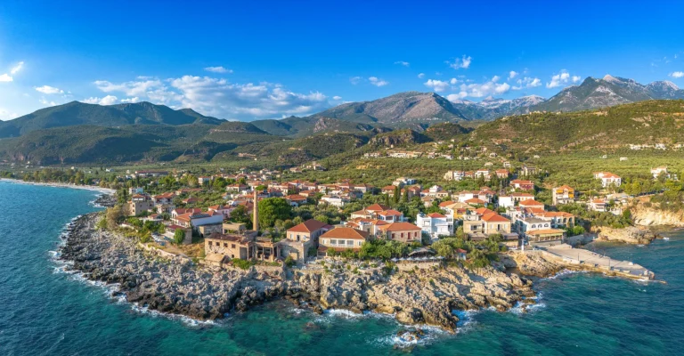 Aerial view of the wonderful seaside village of Kardamyli, Greece located in the Messenian Mani area. It's one of the most beautiful places to visit in Greece, Europe